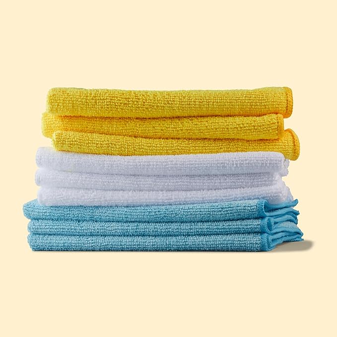 Microfiber Cleaning Cloths, Ultra Absorbent, Lint Free, Streak Free, Non-Abrasive, Reusable and Washable, 16" x 12", Blue/White/Yellow, Pack of 24