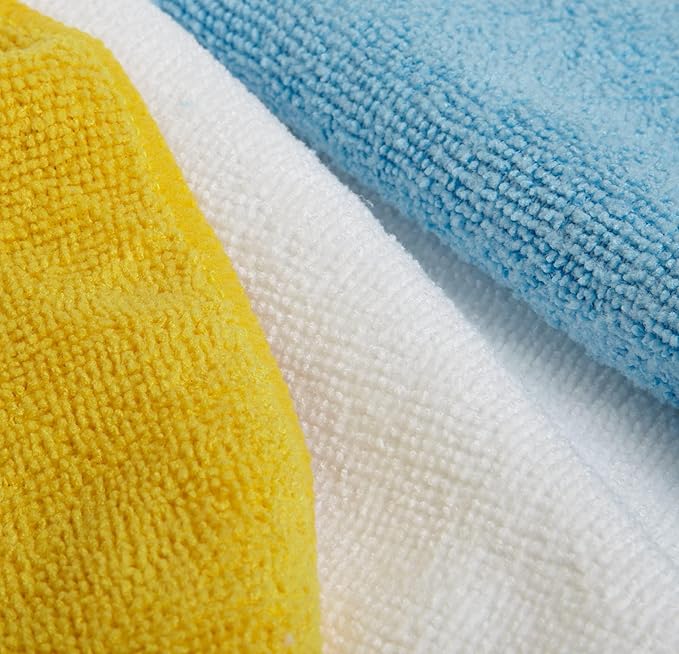 Microfiber Cleaning Cloths, Ultra Absorbent, Lint Free, Streak Free, Non-Abrasive, Reusable and Washable, 16" x 12", Blue/White/Yellow, Pack of 24