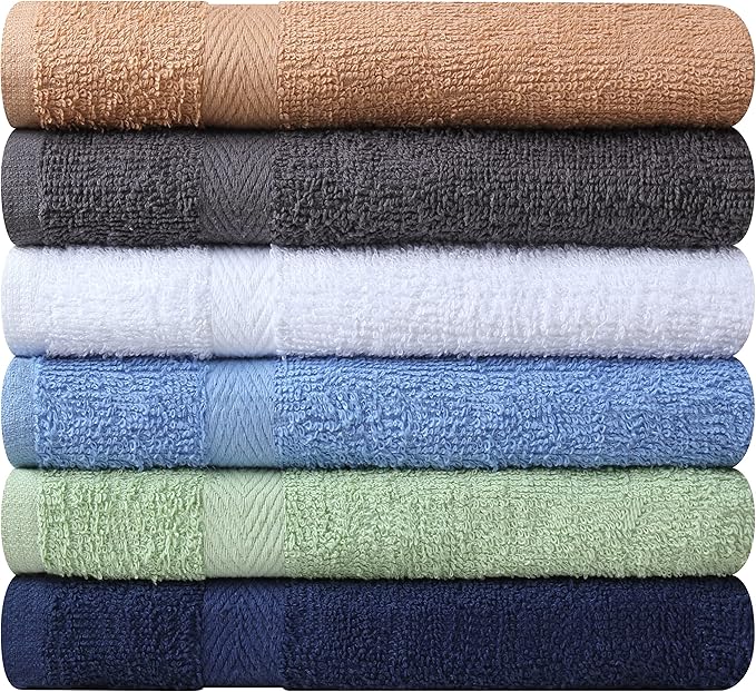 100% Cotton 6 Pack Bath Towel Set, Quick Dry, Super Absorbent, Light Weight, Soft, (27 x 54 Pack of 6) Beige, White, Grey, Sky Blue, SAGE Green, Navy